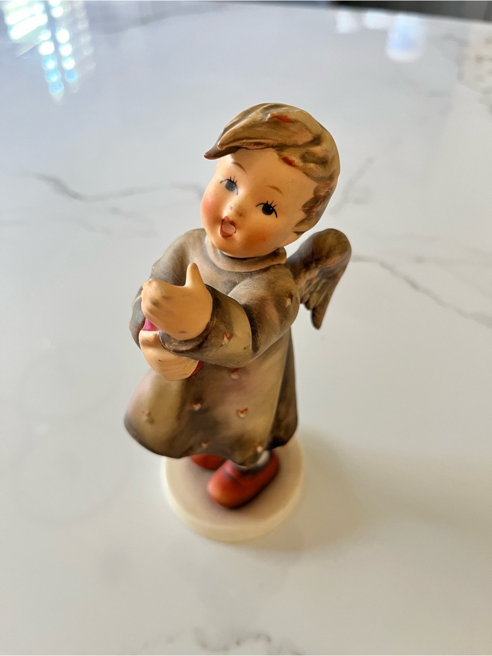 Goebel Hand-Painted Angel Figurine in Beige, Cream and Brown with Red Shoes